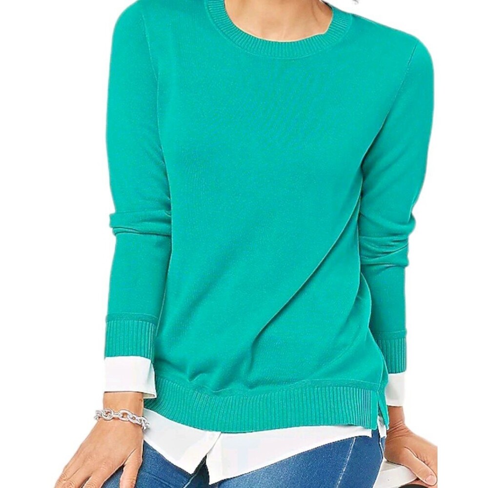 Isaac Mizrahi Live! Medium M Sweater with Layered Cuff and Hem Rain Forest Blue